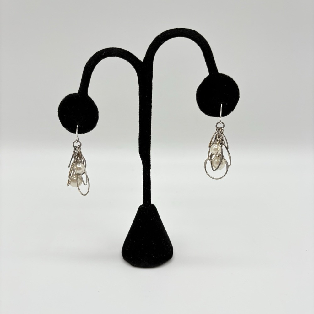 Silver Tone Hoop Cluster Earrings W Faux Pearls Dangle Drop Modern Fashion Jewel